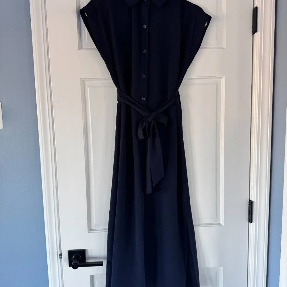 DKNY Navy Midi Shirt Dress Size 2 Belted Button Front Sleeveless Minimalist - Picture 3 of 10